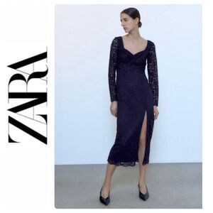 NWOT Zara Navy Blue Lace Long Sleeve Ruched V-Neckline Midi Dress, Size Small